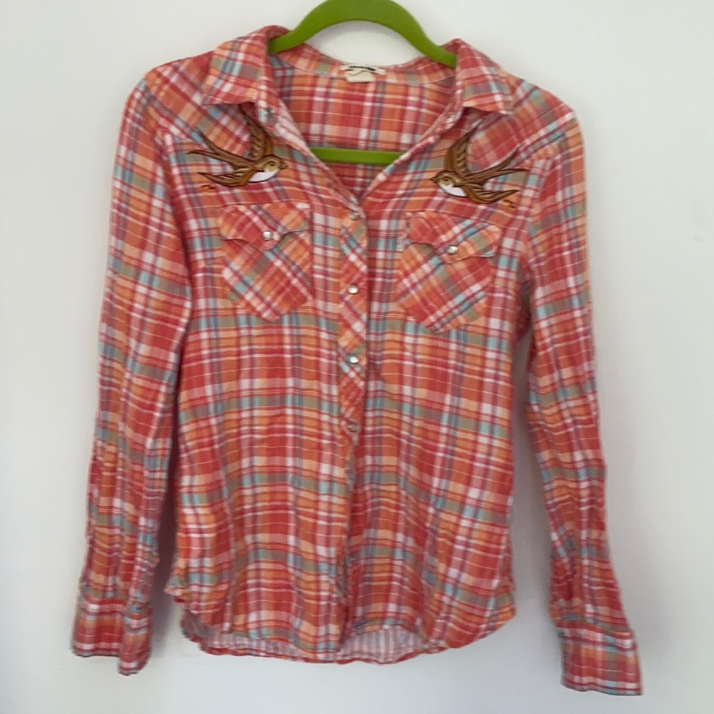 Levi’s button up top with embroidered birds